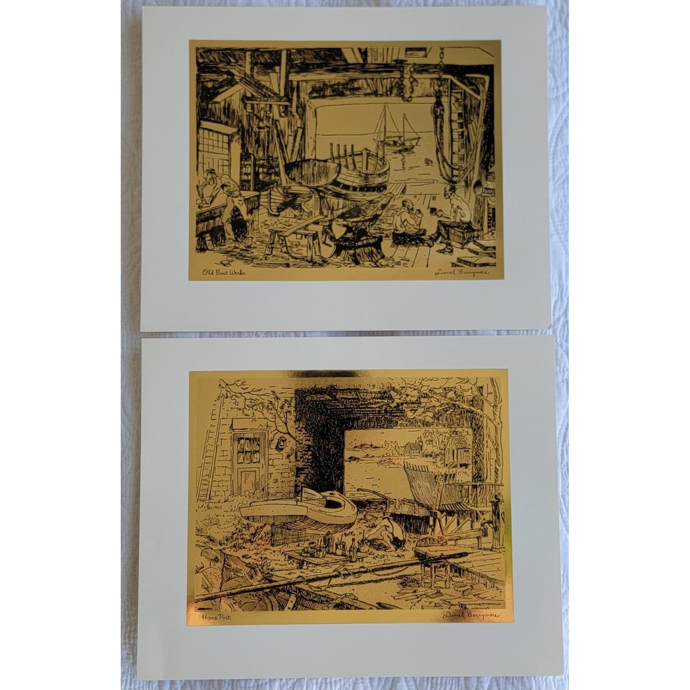 Lionel Barrymore Gold Foil Etchings Home Port Old Boat Works Set of 2 Vintage